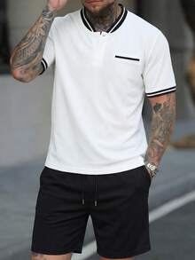 Manfinity Homme 男士短袖棒球领Polo衫套装，适合居家、外出和聚会穿着 - 黑與白 - 查看 1