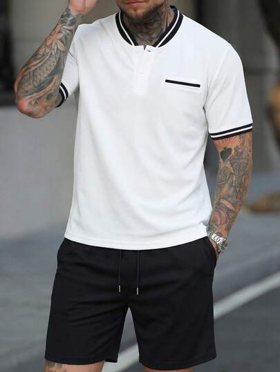 Manfinity Homme Conjunto de polo de manga corta con cuello de béisbol para hombres, adecuado para el hogar, salidas y reuniones