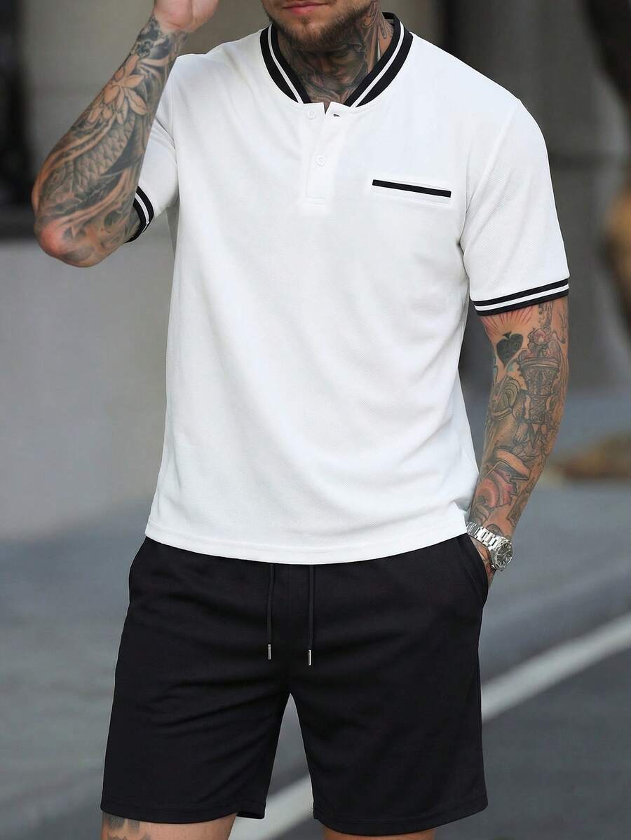 Manfinity Homme 男士短袖棒球领Polo衫套装，适合居家、外出和聚会穿着 - 黑與白 - 查看 1