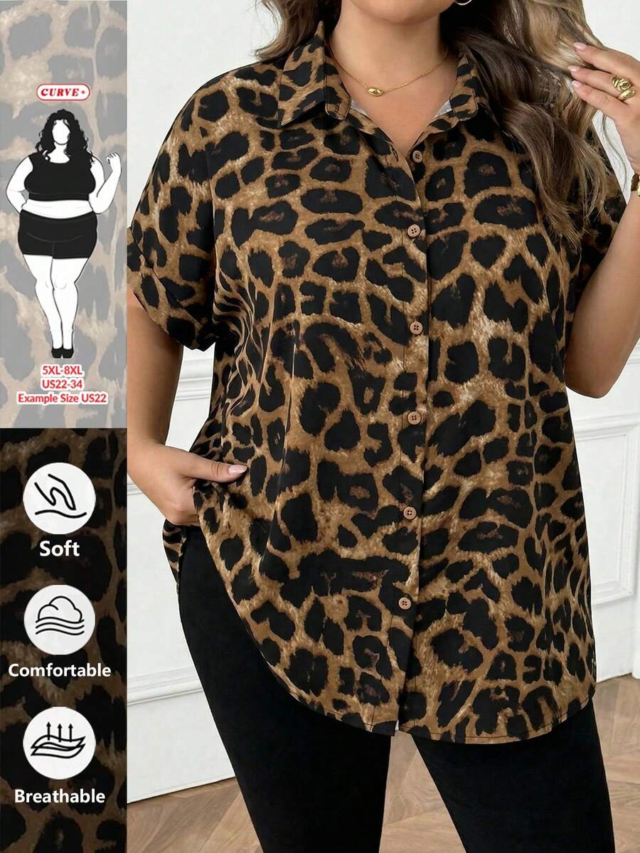 SHEIN CURVE+ Curve 尺码 US22 音乐节、海滨度假、波西米亚风女士豹纹蝙蝠袖短袖纽扣宽松衬衫 - 彩色 - 查看 1
