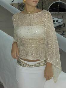 Firerie 女士串珠镂空不对称披肩罩衫，春夏款 - 杏色 - 查看 6