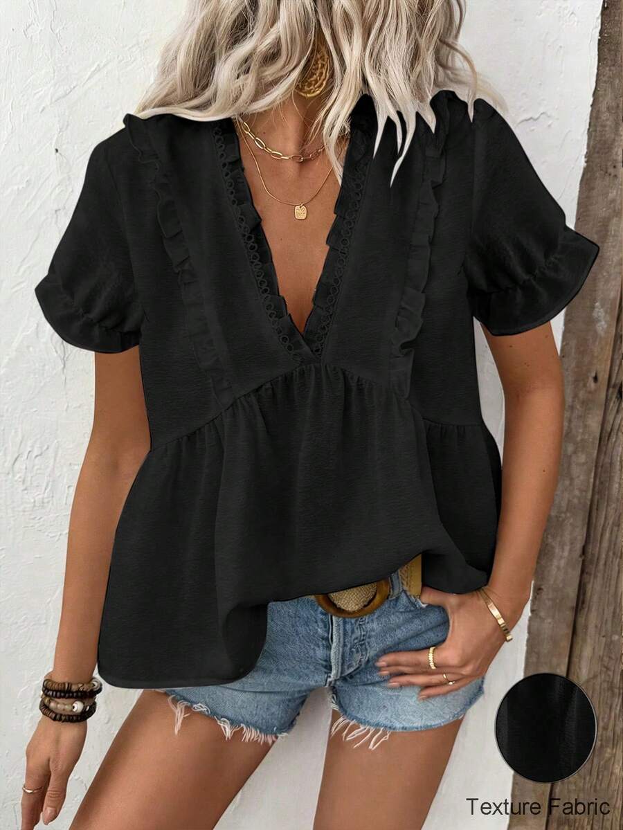 EMERY ROSE Women's Casual Vacation Textured V-Neck Ruffle Splice Puff Sleeve Blouse, Spring/Summer - Black - View 1
