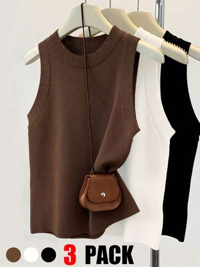 Franclia Áo dệt kim không tay cổ tròn màu trơn dành cho nữ, bộ nhiều món