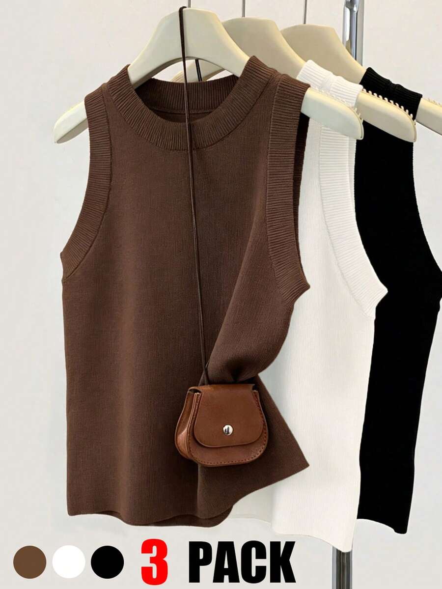SHEIN Franclia Áo dệt kim không tay cổ tròn màu trơn dành cho nữ, bộ nhiều món - Nhiều màu - Xem 1