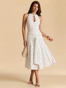 SHEIN BAE Đầm ôm sát không tay chấm bi đen trắng, thích hợp cho khách dự đám cưới, kỳ nghỉ biển, kiểu dáng thanh lịch. - trắng - Xem 1