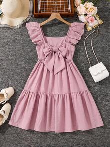 Emery Rose Kids Emery Rose Kids Đầm dệt trơn cổ vuông viền bèo cho bé gái tuổi teen màu be, đầm màu be cho bé gái, đầm màu sâm panh cho bé gái tuổi teen, đầm xếp nếp cho bé gái - Hồng - Xem 3