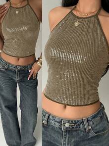 Aloruh Áo tank top nữ thanh lịch buộc dây, đính cườm và thêu họa tiết, cổ yếm, thích hợp cho các bữa tiệc và lễ hội âm nhạc, màu trơn. - Màu xanh lá cây đậm - Xem 2