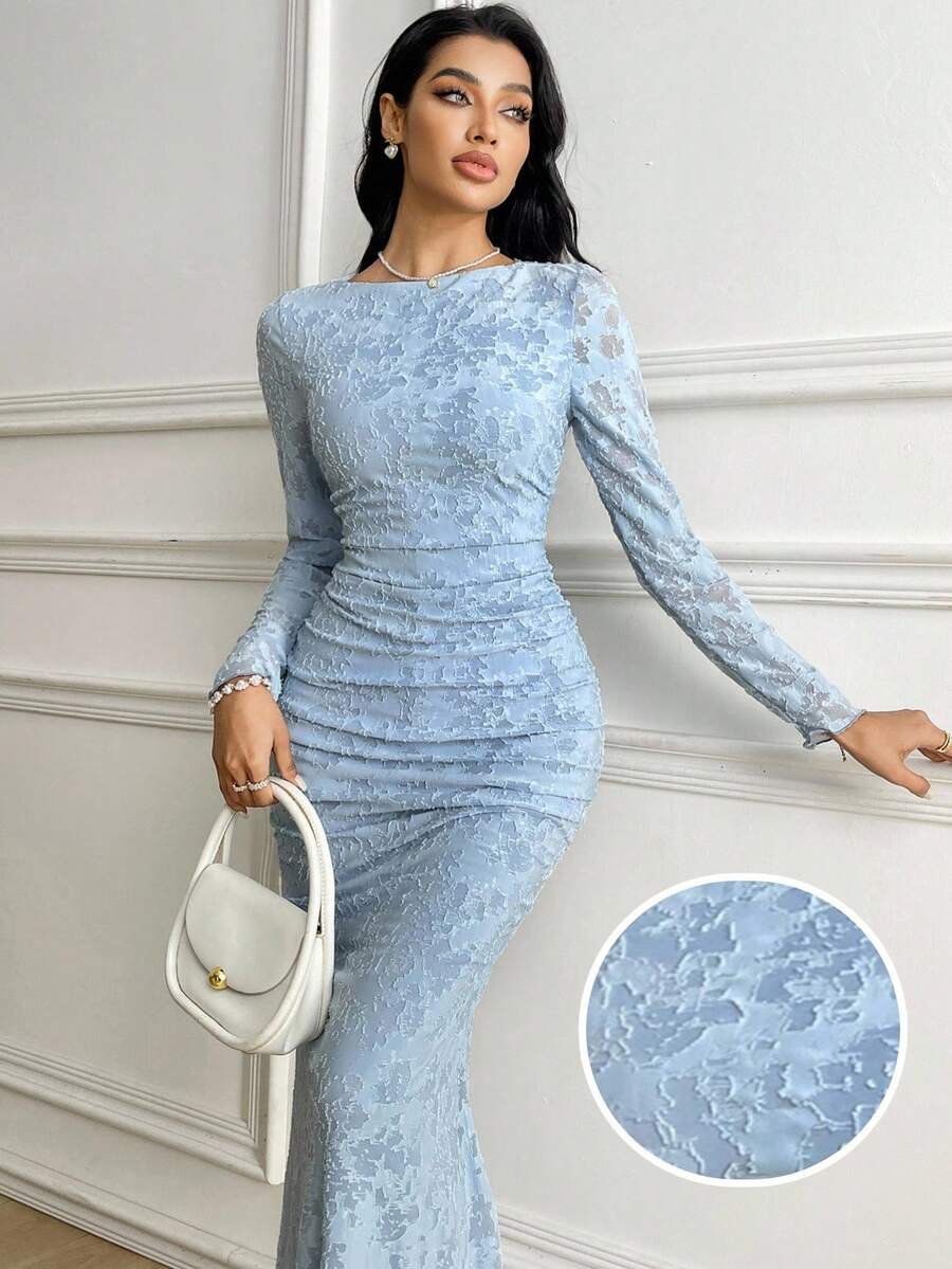Veilorie Vestido de manga larga de unicolor para mujer, vestidos largos de moda para el verano - Azul - Ver 1