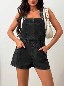SHEIN Casual Style Adjustable Button Detailed Dark Grey Wash Short Denim Overall Jumpsuit - Dark Grey - View 1