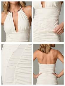 Nuvra Đầm định hình hai lớp không tay cổ yếm dành cho nữ, có lớp lót, giúp thon gọn eo và nâng mông, đầm ôm sát dài. - Vàng - Xem 3