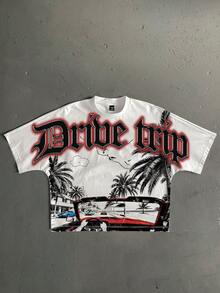 Manfinity ZONE917 宽松短款街头沙滩度假棕榈树第一人称视角敞篷车哥特式标语印花蝙蝠袖短袖T恤，街头风格爱好者，送给男友或说唱歌手的礼物 - 彩色 - 查看 1