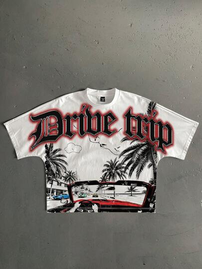 Manfinity ZONE917 宽松短款街头沙滩度假棕榈树第一人称视角敞篷车哥特式标语印花蝙蝠袖短袖T恤，街头风格爱好者，送给男友或说唱歌手的礼物