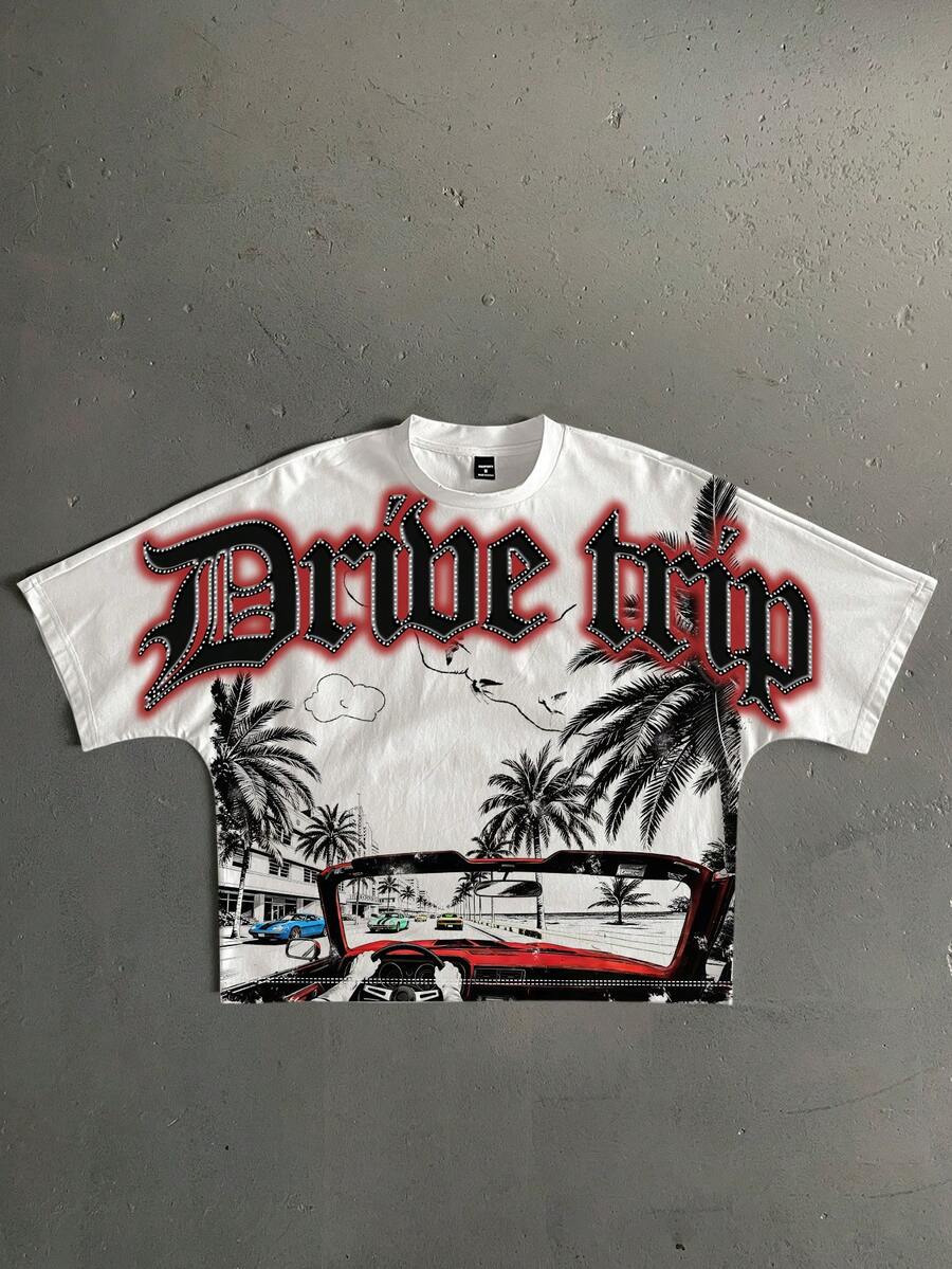 Manfinity ZONE917 宽松短款街头沙滩度假棕榈树第一人称视角敞篷车哥特式标语印花蝙蝠袖短袖T恤，街头风格爱好者，送给男友或说唱歌手的礼物 - 彩色 - 查看 1