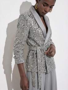 Aveloria Modichic Bộ đồ công sở thường ngày dành cho nữ, gồm áo blazer dài tay và quần dài, phối sequin. - Xám - Xem 2