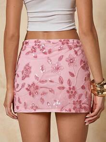 SHEIN BAE Chân váy nữ màu cam trơn đính sequin và thêu, thích hợp cho các bữa tiệc, kỳ nghỉ, tiệc chiêu đãi, đám cưới, đi chơi tối, hẹn hò lãng mạn. - Màu Hồng baby - Xem 2