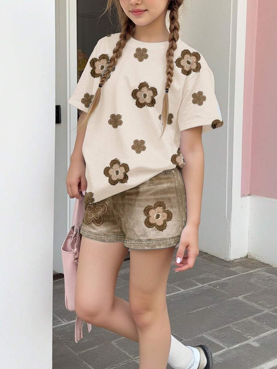 Teen Girl Cute Summer 2-Piece Set,Vintage Collegiate Floral Pattern Short Sleeve T-Shirt And Shorts,Matching Family Vacation Kids Outfits For School - Multicolor - View 1