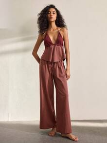 Ocili Women's Ruffled Hem Halter Top And Pants Pajama Set - Burgundy - View 5