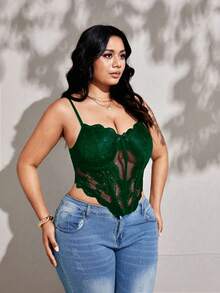 Viva Relle Plus Size Sexy Everyday Wear Underwire Fishbone Lace Mesh Patchwork Bow Camisole - Dark Green - View 4