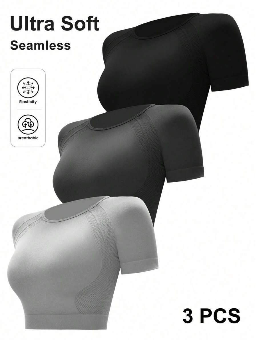 SHEIN Velisys 3 chiếc áo thun thể thao tay ngắn raglan màu trơn dành cho nữ, áo ôm sát, áo tập gym, áo nén cho nữ - Nhiều màu - Xem 1