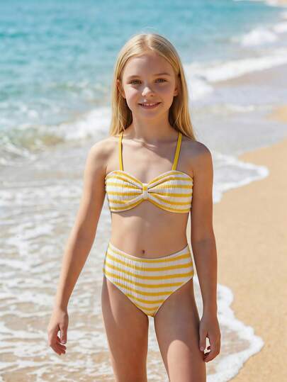SHEIN Tween Girl Striped Ruffle Bikini Set For Beach Vacation