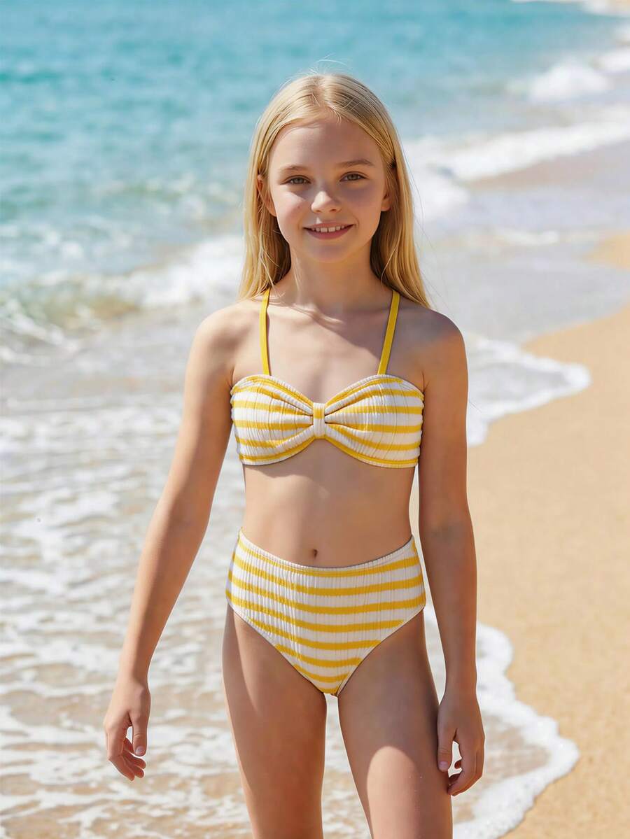 SHEIN Tween Girl Striped Ruffle Bikini Set For Beach Vacation - Yellow - View 1