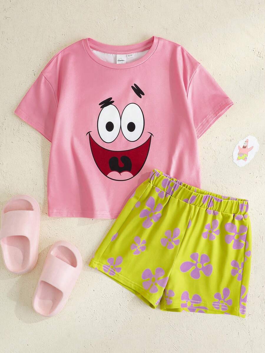 SpongeBob SquarePants | SHEIN 男童卡通印花短袖上衣和短裤睡衣套装,夏季 - 彩色 - 查看 1