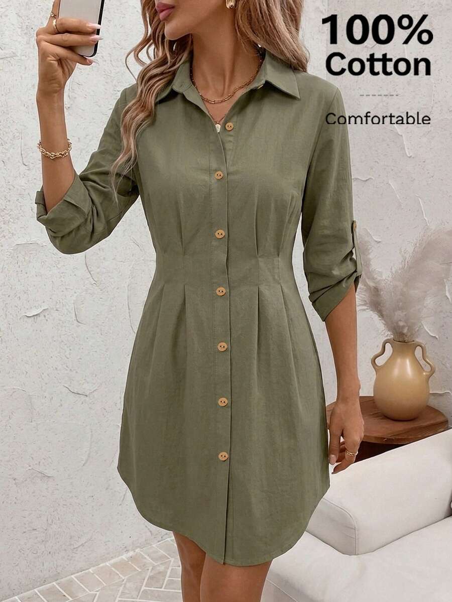 SHEIN Clasi 女士休闲度假开襟衬衫裙，100% 棉 - 軍綠色 - 查看 1