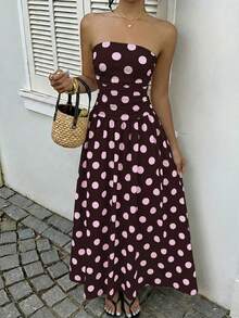 SHEIN EZwear 女士棕色底粉色波点印花荷叶边下摆无肩带连衣裙，适合度假、秋季穿搭、婚礼宾客礼服、生日礼服、外出、毕业典礼、返校、节日、比赛、派对等场合。 - 彩色 - 查看 4