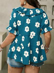 SHEIN LUNE CURVE Camisa con estampado floral, volantes en el bajo y lazo delantero para mujer talla grande - Agua verde azul - Ver 2