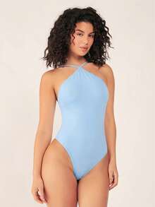 SHEIN BASICS 女士纯色吊带休闲百搭连体衣，适合日常穿着 - 藍色 - 查看 7