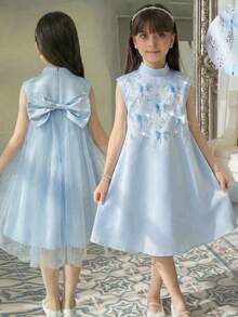SHEIN Tween-Mädchen Kleid, einfarbig gewebt mit Strass-Verzierung, 3D-Schleife, ärmelloses A-Linien-Kleid, Prinzessinnenkleid, Hochzeitssaison-Kleid, Blumenmädchen-Kleid, blaues Kleid - Babyblau - Übersicht 1