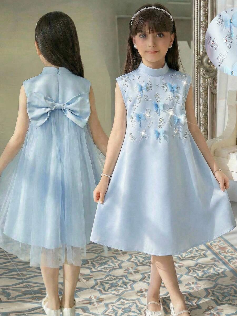 SHEIN Tween-Mädchen Kleid, einfarbig gewebt mit Strass-Verzierung, 3D-Schleife, ärmelloses A-Linien-Kleid, Prinzessinnenkleid, Hochzeitssaison-Kleid, Blumenmädchen-Kleid, blaues Kleid - Babyblau - Übersicht 1