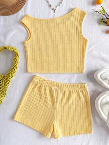 SHEIN 两件套少女休闲度假家居服套装：纹理针织不对称肩部上衣和修身短裤，适合派对、海滩、邮轮、节日、夏季等场合，黄色 - 黃色 - 查看 2