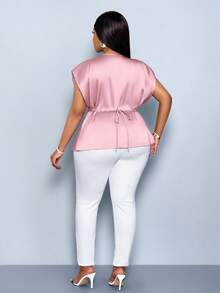 SOLERSUN 女士加大码春夏纯色时尚休闲优雅日常商务V领缎面不对称下摆衬衫 - 藕粉色 - 查看 5