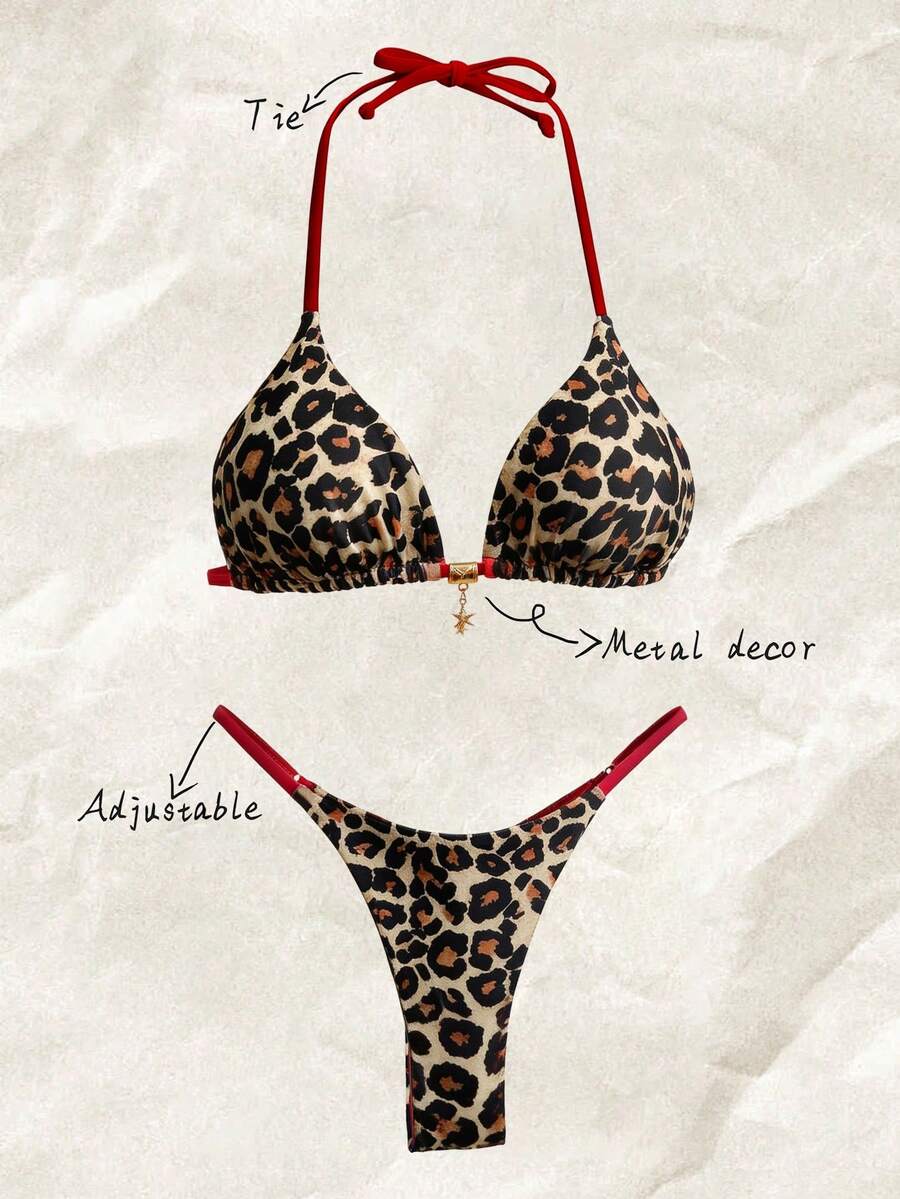 Elavelle Women's Multicolor Animal Print Halter Thong Bikini With Tie Back Details