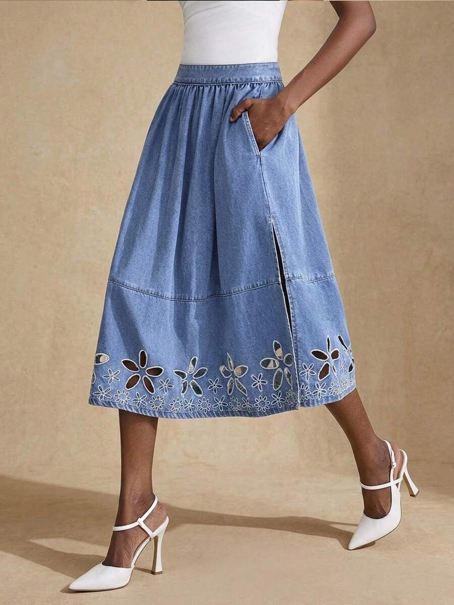 Selenza Chân váy denim chữ A thêu hoa rỗng thoải mái cho nữ - Rửa trung bình - Xem 1