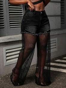 Slaydiva Plus Size Denim Patchwork Black Mesh Wide Leg Pants - Black - View 7