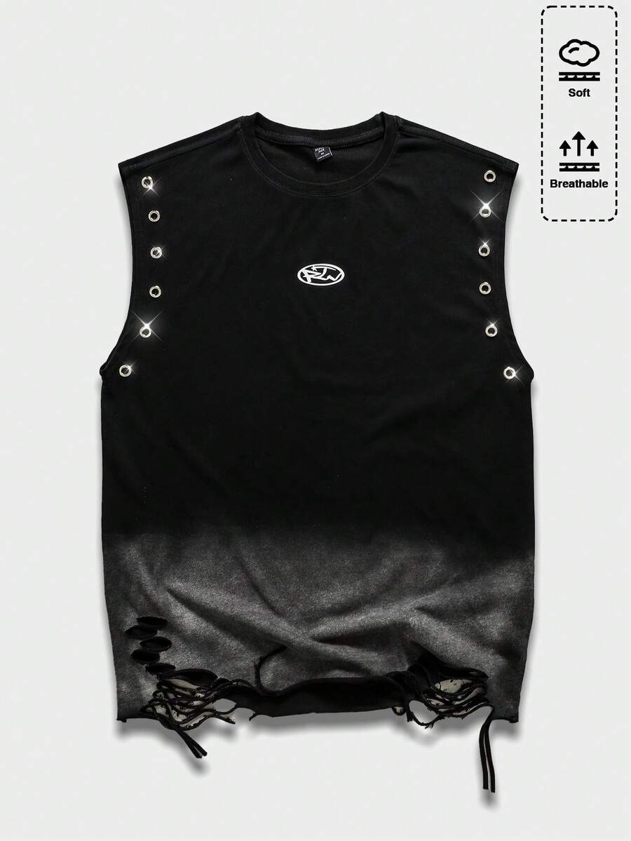 ROMWE MEN 男士圆领黑色无袖街头背心 - 黑色 - 查看 1