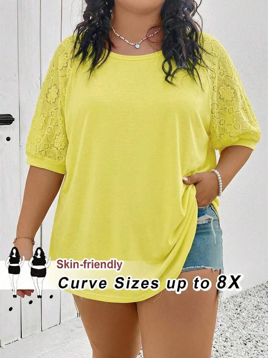 SHEIN CURVE+ Plus Size Women Top With Different Material Splicing,White T-Shirt - Pale Yellow - View 1