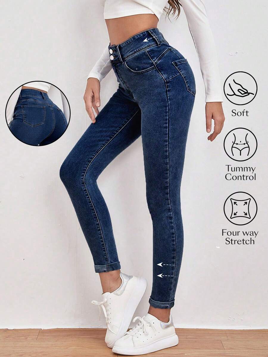 SHEIN Frenchy High Waist Slant Pocket Skinny Black Jeans - Dark Wash - View 1