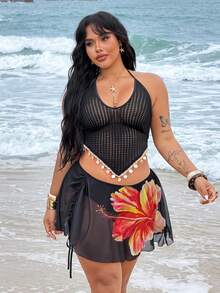 Rustia 仿针织钩编性感细肩带系带贝壳边饰女士吊带背心 - 黑色 - 查看 1