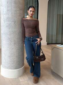 leahseptember 女士休闲条纹长袖短款T恤 - 咖啡棕 - 查看 3