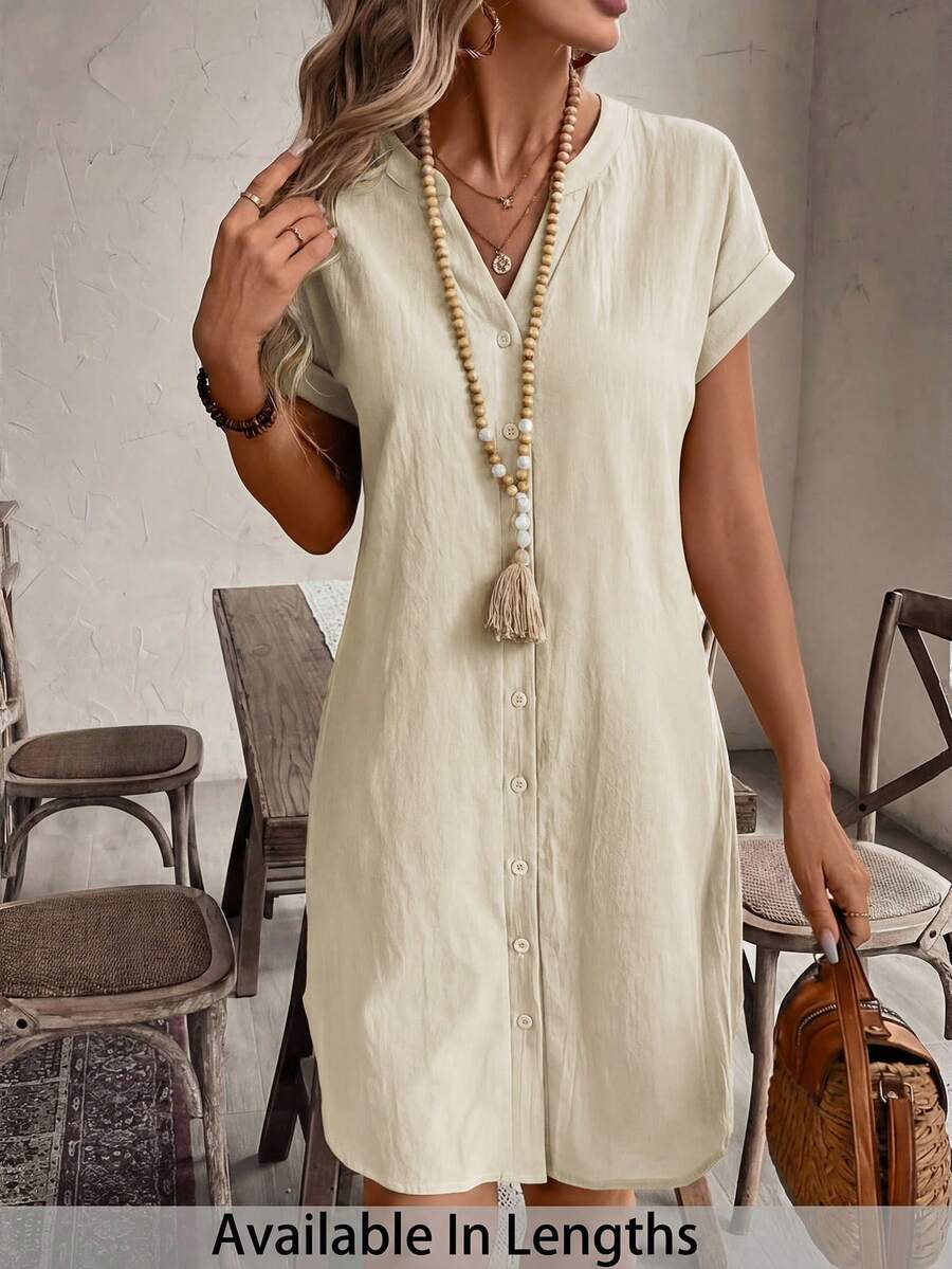 SHEIN Tall CURVE Plus Size Women Summer Casual Solid Color Single-Breasted Dress - Beige - View 1