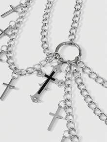 ROMWE 1-Piece Women's Silver Multi-Layer Chain Waist Chain Daily Wear Optional Party Wear Punk Style Goth Style Ins Style Waist Chain Oil Drop Rhinestone Cross Circle Multi-Layer Chain Decorative Aluminum Alloy Multi-Layer Chain Waist Chain - Silver oil cross multi-layer chain waist chain - View 3