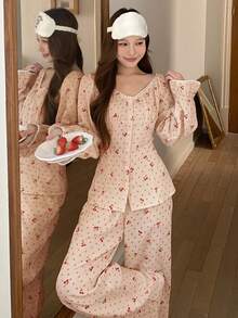 DAZY 2件組甜美櫻桃波點印花荷葉領女款睡衣套裝，春季睡衣 - 粉色 - 查看 8