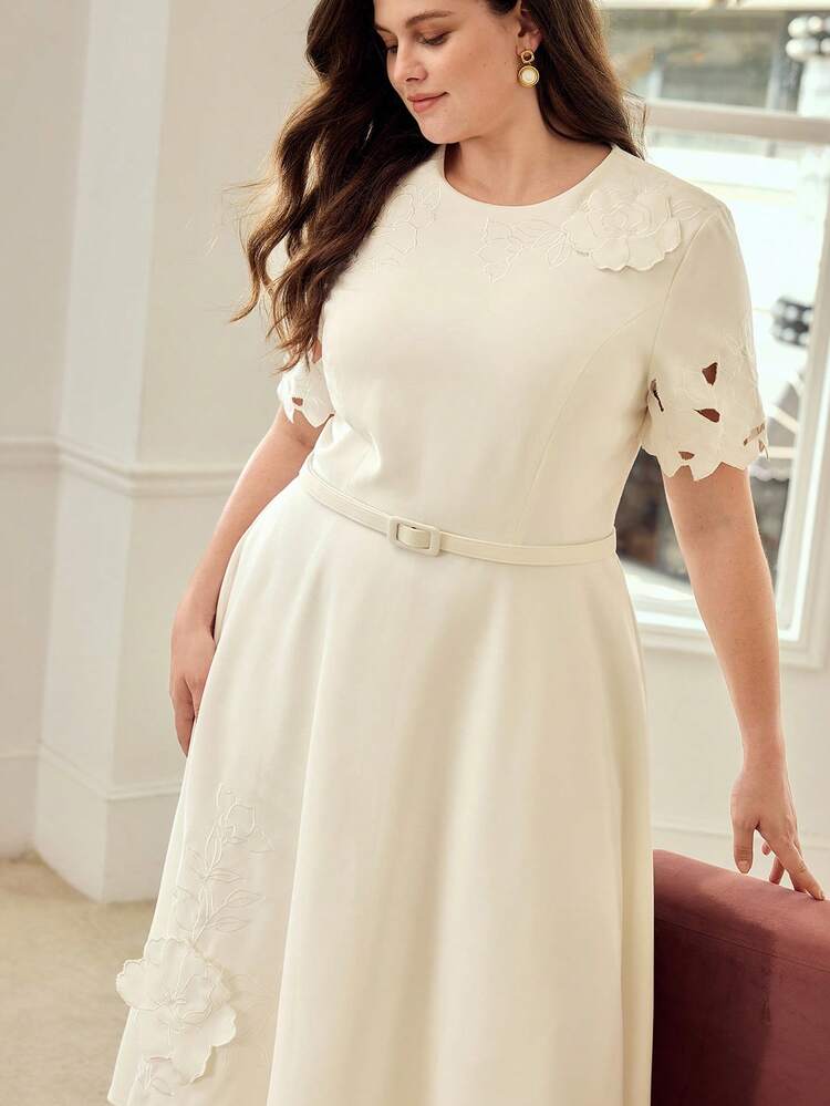 PLUS SIZE WOMEN'S EMBROIDERED MID-LENGTH DRESS, SPRING/SUMMER
