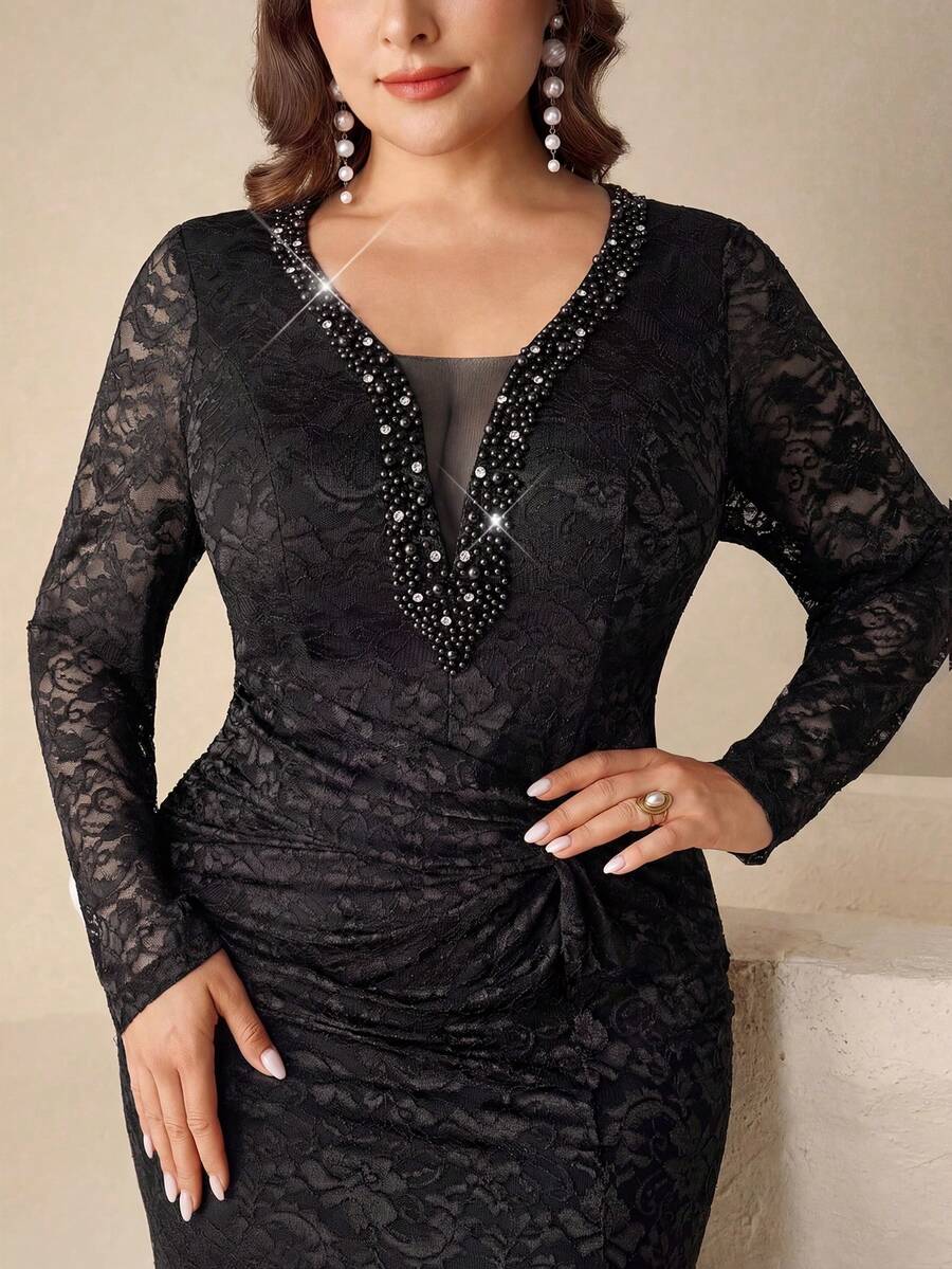 Coutiva Plus Size Elegant Beaded Fitted Evening Dress - Black - View 1