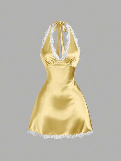 Sweetra Đầm hồng dáng chữ A ôm sát, cổ chữ V, viền ren ngọt ngào, dành cho nữ, thích hợp mặc mùa xuân.