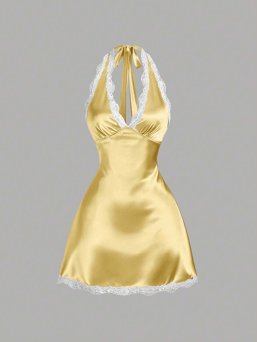 Sweetra Women's Spring French Sweet Lace Trim V-Neck Fitted A-Line Sexy Pink Dress - Yellow - View 1