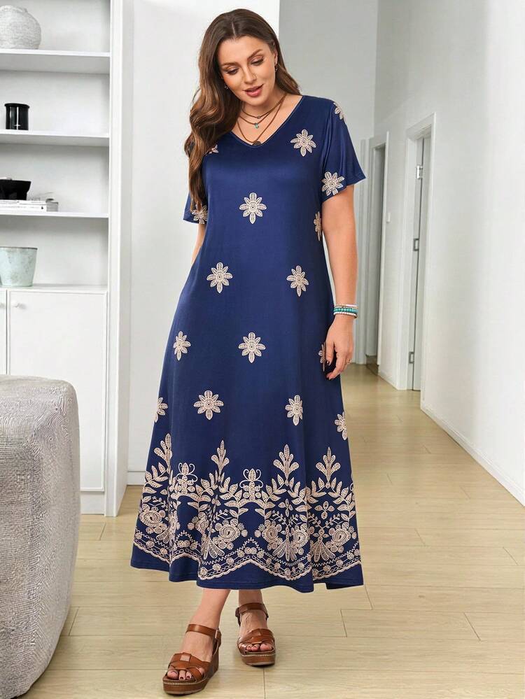 Plus Size Women Floral V-Neck Short Sleeve Casual Vacation Dress/Summer Plus Size Boho Dress Bohemian Dresses For Women Casual Long Dress Vacation Plus Size Women Dresses Long Boho Dress Blue Long Dresses For Women Frocks For Women Blue Gown For Women Deeka Dresses Kurti For Women Designer Dresses For Women Beautiful Dresses For Women Wedding Outfits For Women Women's Casual Dress Embroidered Midi Dress V-Neck Maxi Dress